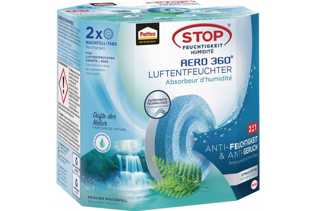 Luftentfeuchter Aero 360 2 Tabs à 450g AHAWF Waterfall Freshness Pk.PATTEX Luftentfeuchter Aero 360 2 Tabs à 450g AHAWF Waterfall Freshness Pk.PATTEX