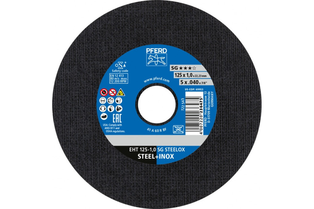 Trennscheibe SG STEELOX D125x1mm ger.INOX Bohr.22,23mm PFERD