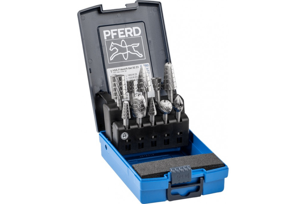 Frässtifteset 82 Schaft D.6mm 10 tlg.HSS 3 bruchfeste Ku. Box PFERD Frässtifteset 82 Schaft D.6mm 10 tlg.HSS 3 bruchfeste Ku. Box PFERD