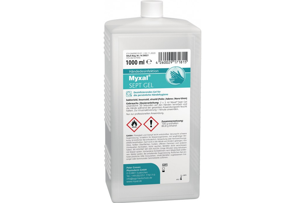Handdesinfektionsgel MYXAL® SEPT GEL 1l parfüm farbstofffrei 1000ml Hartflasche Handdesinfektionsgel MYXAL® SEPT GEL 1l parfüm farbstofffrei 1000ml Hartflasche