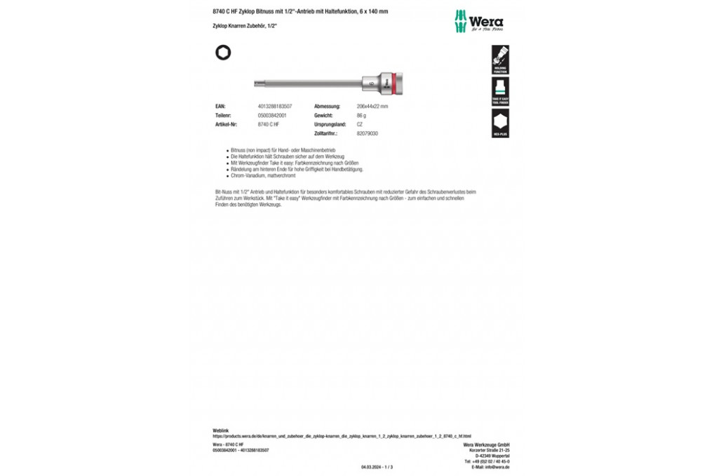 Steckschlüsseleinsatz 8740 C HF 1 2 Zoll SW 6mm L.140mm WERA Steckschlüsseleinsatz 8740 C HF 1 2 Zoll SW 6mm L.140mm WERA