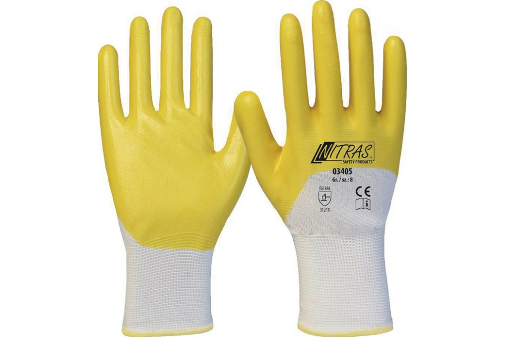 Handschuhe 03405 Gr.8 weiß gelb PES m.Nitril EN 388 PSA II 12 NITRAS Handschuhe 03405 Gr.8 weiß gelb PES m.Nitril EN 388 PSA II 12 NITRAS