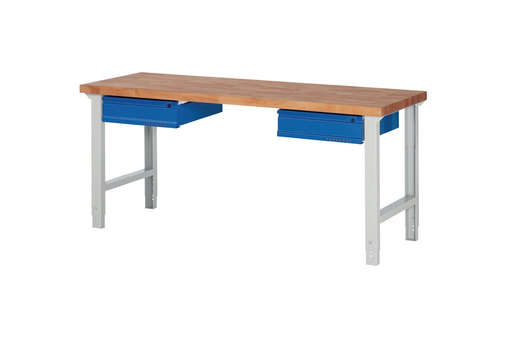 Werkbank Ser.BK 650 B2000xT700xH790 1140mm Buche massiv lichtgrau blau 2 Schubl. Werkbank Ser.BK 650 B2000xT700xH790 1140mm Buche massiv lichtgrau blau 2 Schubl.