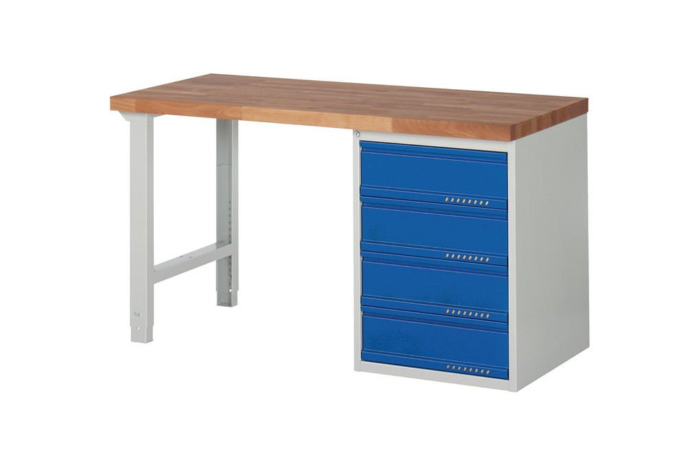Werkbank Ser.BK 650 B1500xT700xH840mm Buche massiv lichtgrau blau 4 Schubl. Werkbank Ser.BK 650 B1500xT700xH840mm Buche massiv lichtgrau blau 4 Schubl.