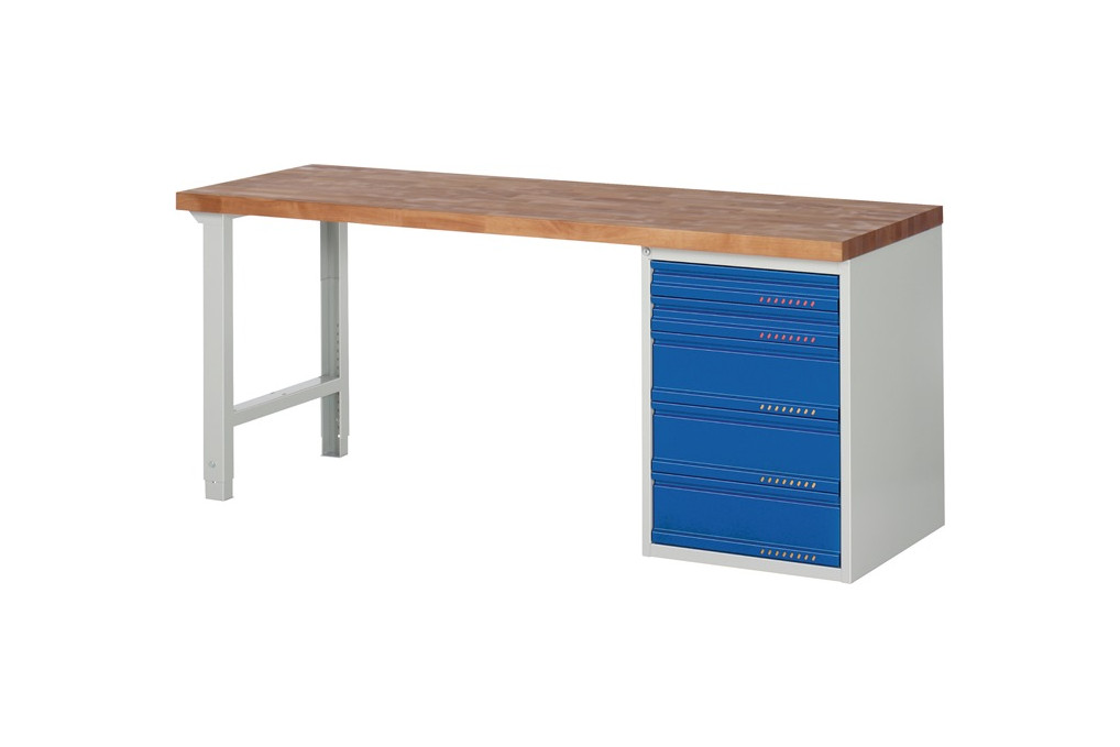 Werkbank Ser.BK 650 B2000xT700xH840mm Buche massiv lichtgrau blau 5 Schubl. Werkbank Ser.BK 650 B2000xT700xH840mm Buche massiv lichtgrau blau 5 Schubl.