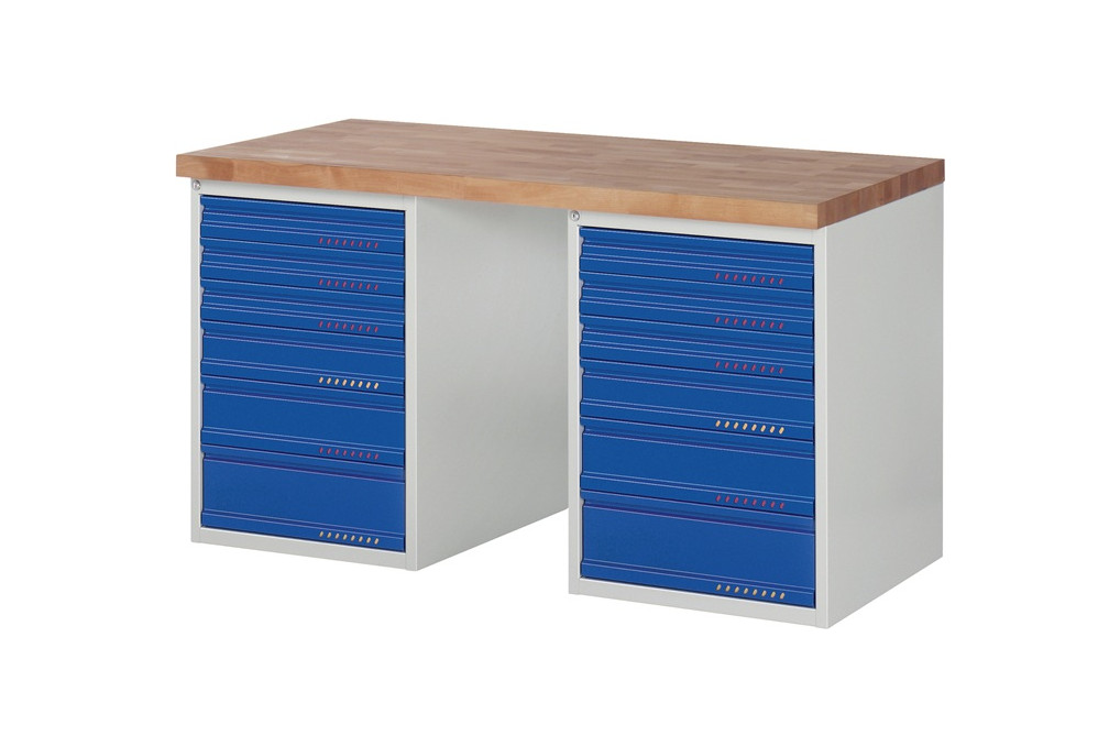 Werkbank Ser.BK 650 B1500xT700xH840mm Buche lichtgrau blau 12 Schubl.PROMAT Werkbank Ser.BK 650 B1500xT700xH840mm Buche lichtgrau blau 12 Schubl.PROMAT