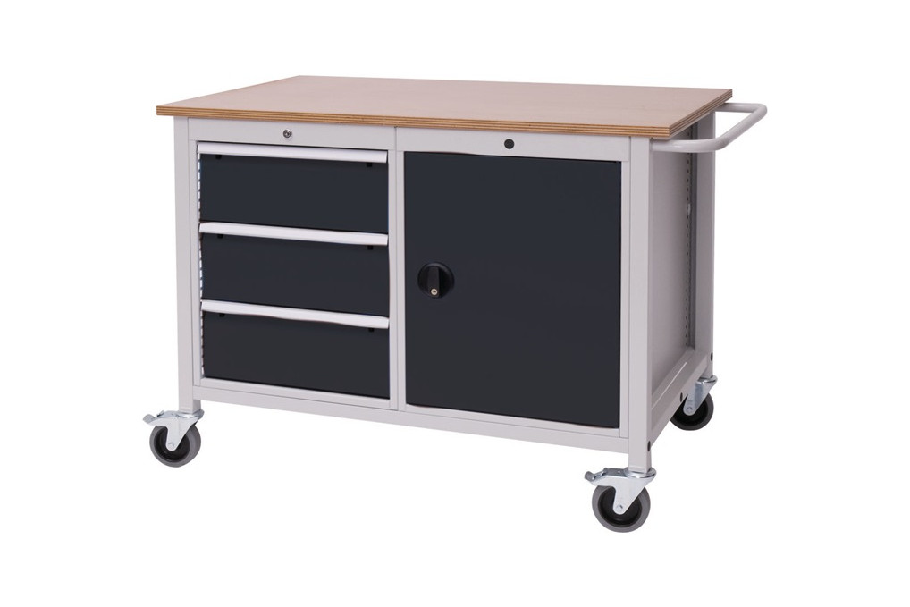 Werkbank B1250xT750xH935mm Buche Multiplex lichtgrau grau 3 Schubl.1 Tür Werkbank B1250xT750xH935mm Buche Multiplex lichtgrau grau 3 Schubl.1 Tür