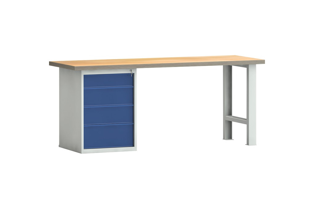 Werkbank PW 700 B2000xT700xH840mm Buche Multiplex lichtgrau blau 4 Schubl. Werkbank PW 700 B2000xT700xH840mm Buche Multiplex lichtgrau blau 4 Schubl.