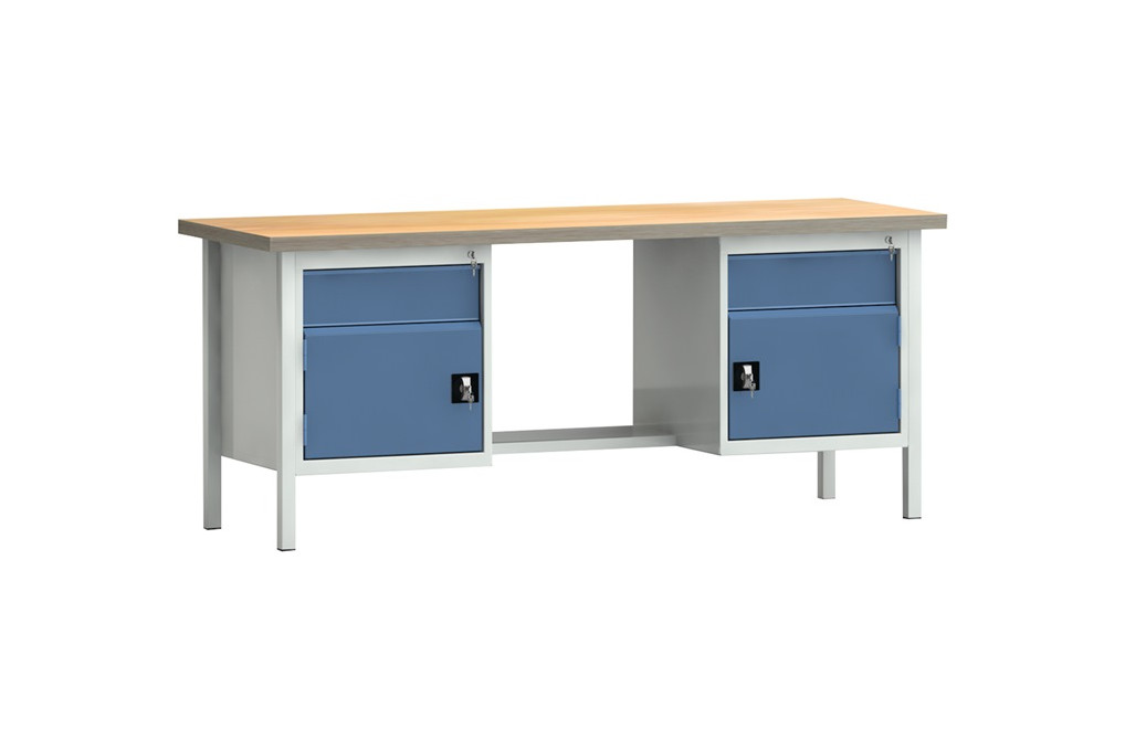 Werkbank PW 700 B2000xT700xH840mm Buche Multiplex grau blau 2Schubl.2Türen Werkbank PW 700 B2000xT700xH840mm Buche Multiplex grau blau 2Schubl.2Türen