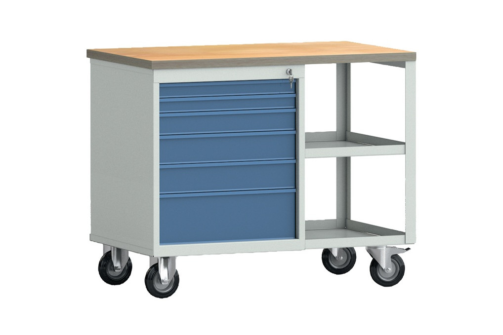 Werkbank PW700 B1000xT620xH805mm Buche Multiplex lichtgrau brillantblau 6Schubl. Werkbank PW700 B1000xT620xH805mm Buche Multiplex lichtgrau brillantblau 6Schubl.