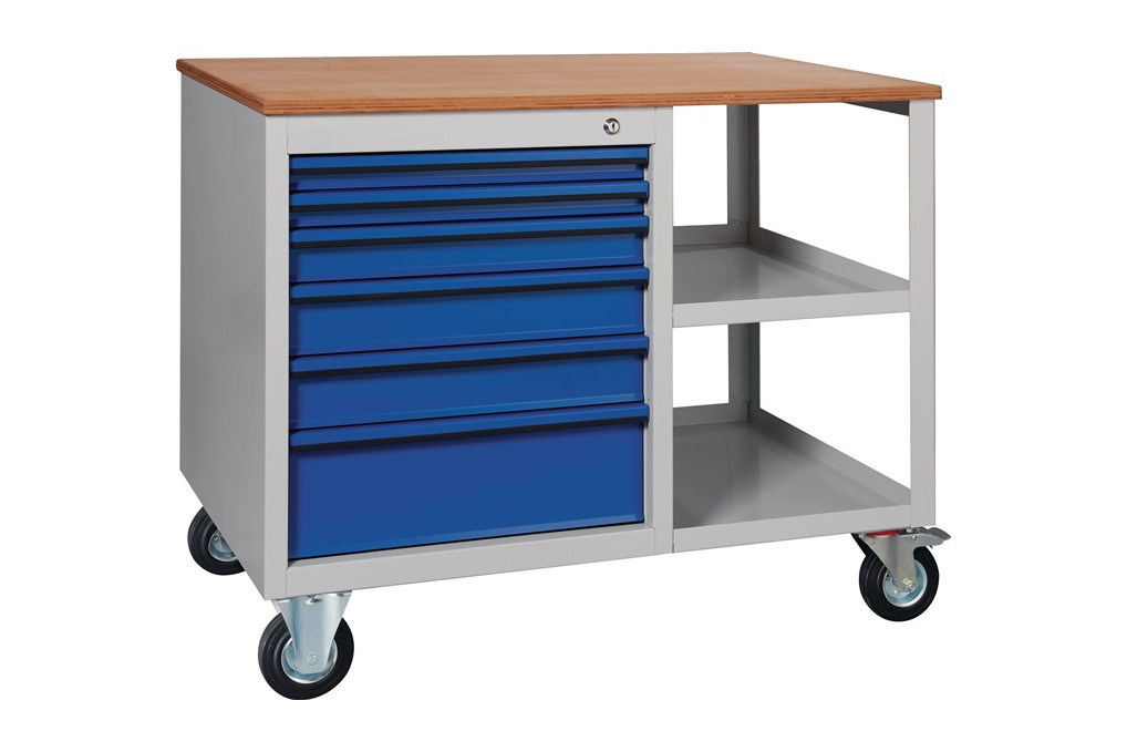 Werkbank PW 700 B1000xT620xH805mm Buche Multiplex lichtgrau blau 6 Schubl. Werkbank PW 700 B1000xT620xH805mm Buche Multiplex lichtgrau blau 6 Schubl.