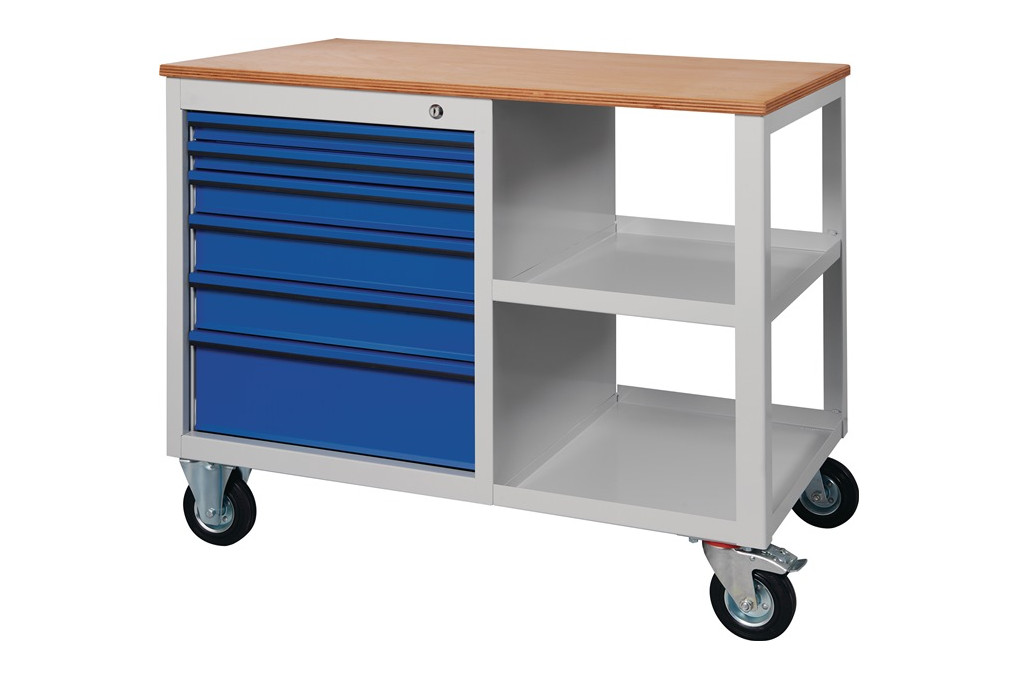 Werkbank PW 700 B1000xT620xH805mm Buche Multiplex lichtgrau blau 6 Schubl. Werkbank PW 700 B1000xT620xH805mm Buche Multiplex lichtgrau blau 6 Schubl.