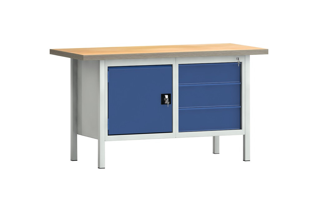 Werkbank PW 700 B1500xT700xH840mm Buche Multiplex lichtgrau blau 3 Schubl.1 Tür Werkbank PW 700 B1500xT700xH840mm Buche Multiplex lichtgrau blau 3 Schubl.1 Tür