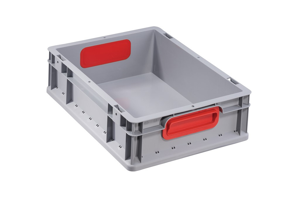 Transportstapelbehälter L400xB300xH120mm grau PP geschlossener Griff rot