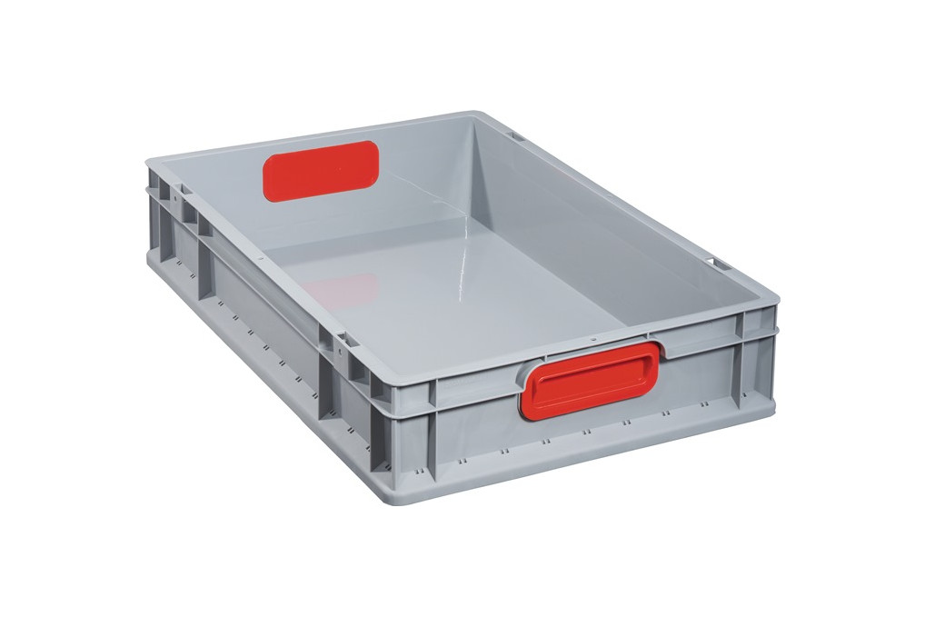 Transportstapelbehälter L600xB400xH120mm grau PP geschlossener Griff rot