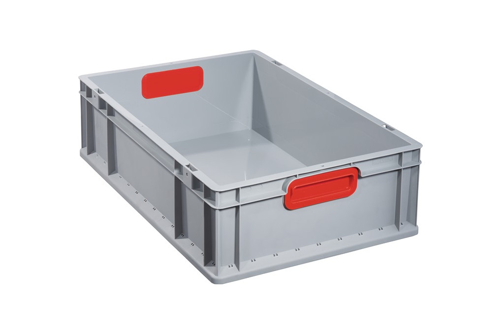 Transportstapelbehälter L600xB400xH170mm grau PP geschlossener Griff rot Transportstapelbehälter L600xB400xH170mm grau PP geschlossener Griff rot