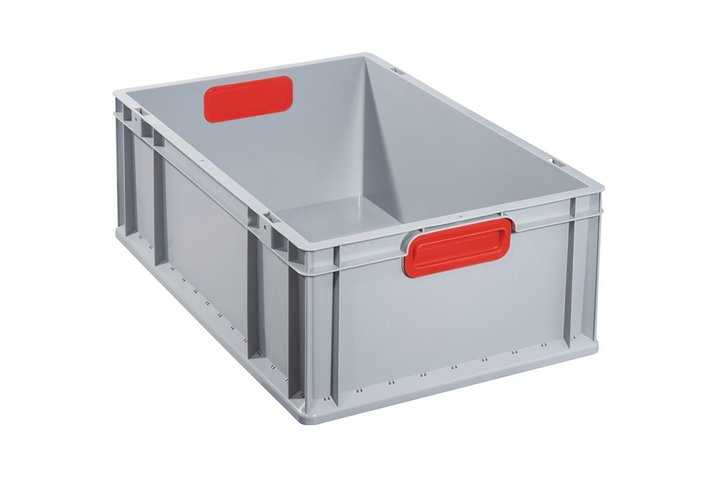 Transportstapelbehälter L600xB400xH220mm grau PP geschlossener Griff rot Transportstapelbehälter L600xB400xH220mm grau PP geschlossener Griff rot