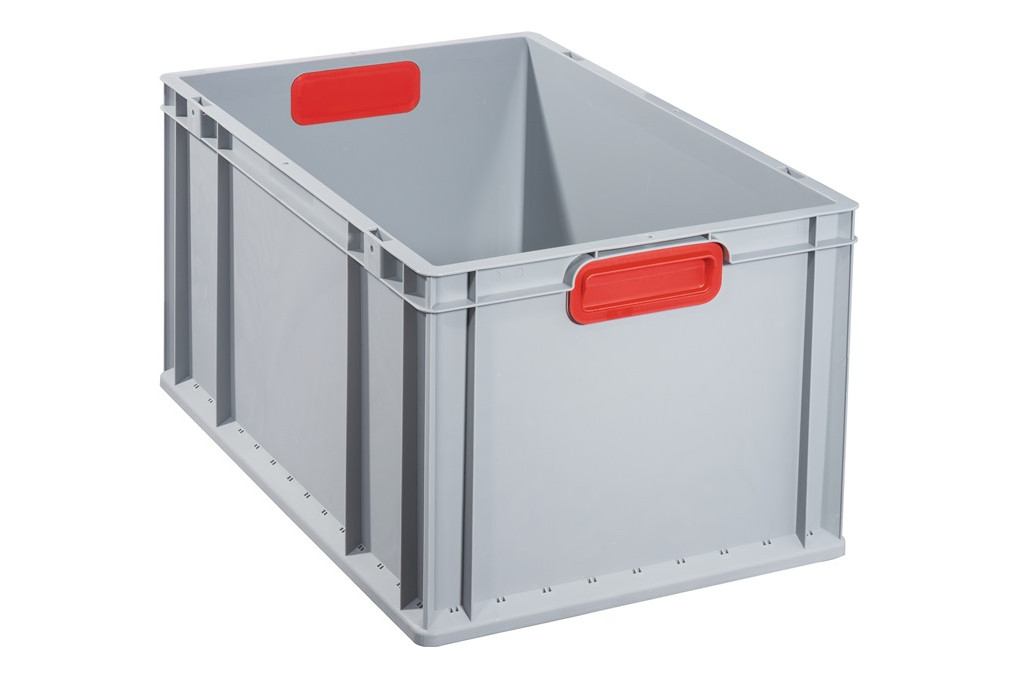 Transportstapelbehälter L600xB400xH320mm grau PP geschlossener Griff rot Transportstapelbehälter L600xB400xH320mm grau PP geschlossener Griff rot