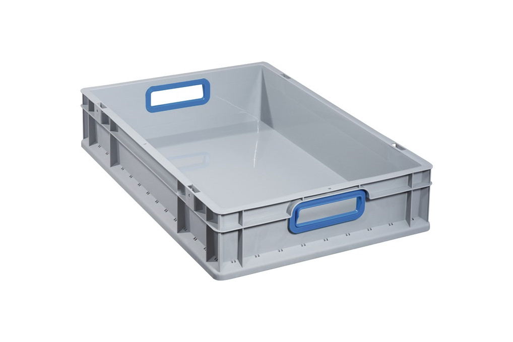 Transportstapelbehälter L600xB400xH120mm grau PP offener Griff blau Transportstapelbehälter L600xB400xH120mm grau PP offener Griff blau