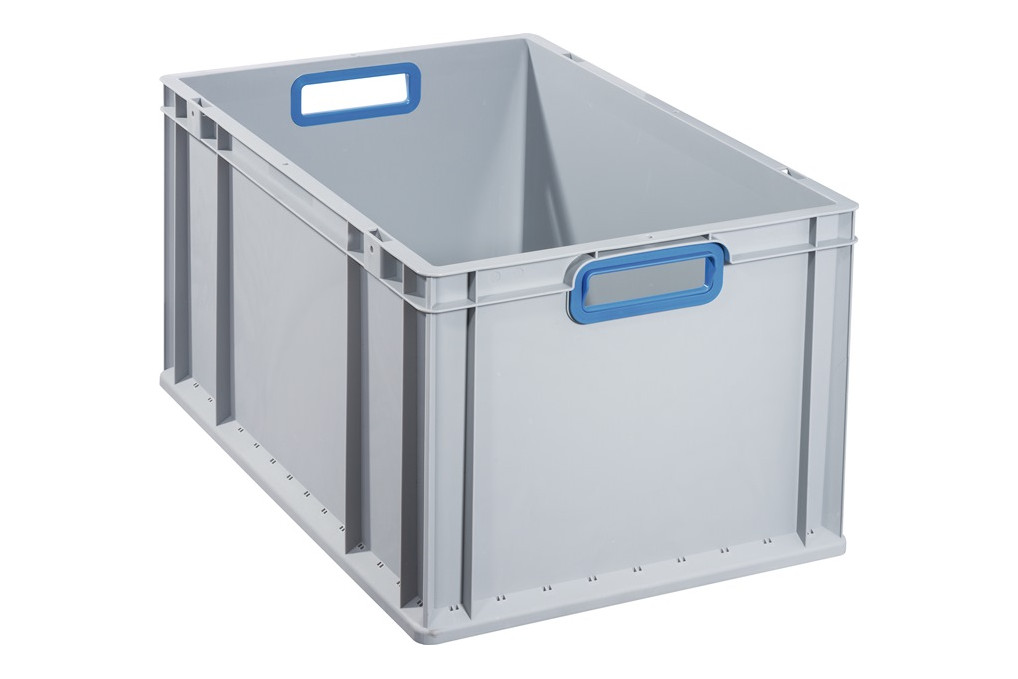 Transportstapelbehälter L600xB400xH320mm grau PP offener Griff blau Transportstapelbehälter L600xB400xH320mm grau PP offener Griff blau