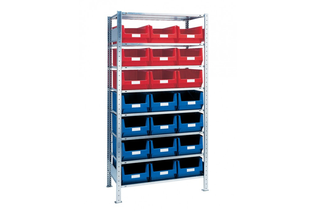 Steckregal H2000xB1000xT500mm Anbauregal 8 Stahlböden 12 x MK2 blau,9 x MK2 rot Steckregal H2000xB1000xT500mm Anbauregal 8 Stahlböden 12 x MK2 blau,9 x MK2 rot