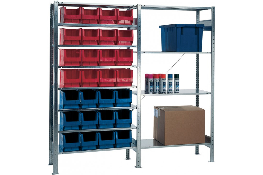 Steckregal H2000xB1000xT400mm Grundregal 8 Stahlböden 12 x MK3 blau,16 x MK3 rot Steckregal H2000xB1000xT400mm Grundregal 8 Stahlböden 12 x MK3 blau,16 x MK3 rot