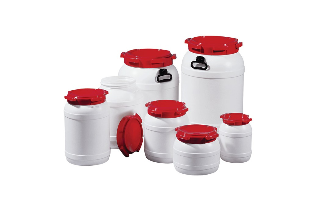 Weithalsfass 6,0l PE weiß m.rotem Deckel o.Tragegriffe Einfüllöffnung D.136mm Weithalsfass 6,0l PE weiß m.rotem Deckel o.Tragegriffe Einfüllöffnung D.136mm