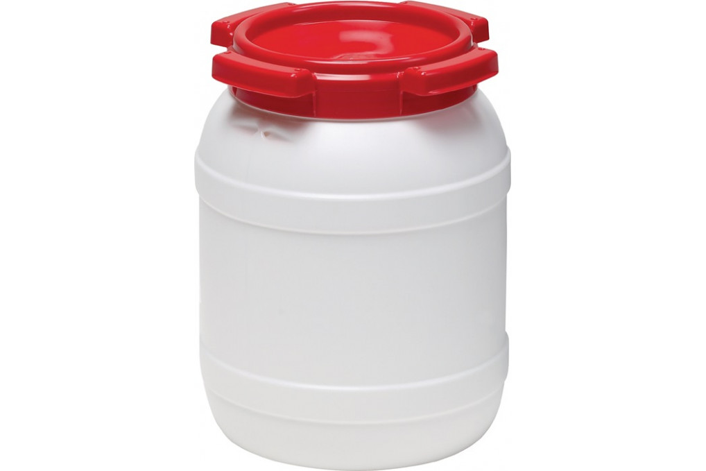 Weithalsfass 6,0l PE weiß m.rotem Deckel o.Tragegriffe Einfüllöffnung D.136mm Weithalsfass 6,0l PE weiß m.rotem Deckel o.Tragegriffe Einfüllöffnung D.136mm