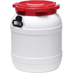 Weithalsfass 55,0l PE weiß m.rotem Deckel m.2Tragegriffen Einfüllöffnung D.282mm Weithalsfass 55,0l PE weiß m.rotem Deckel m.2Tragegriffen Einfüllöffnung D.282mm