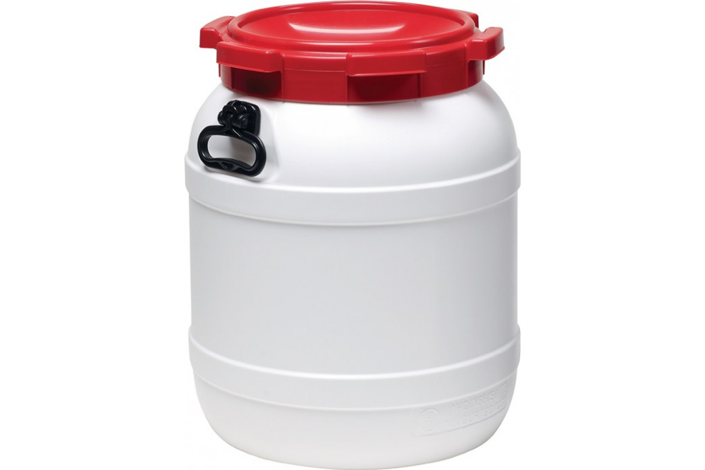 Weithalsfass 55,0l PE weiß m.rotem Deckel m.2Tragegriffen Einfüllöffnung D.282mm Weithalsfass 55,0l PE weiß m.rotem Deckel m.2Tragegriffen Einfüllöffnung D.282mm