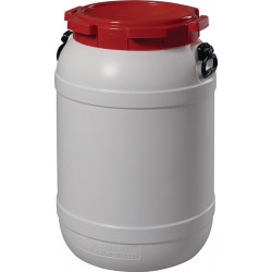 Weithalsfass 68,0l PE weiß m.rotem Deckel m.2Tragegriffen Einfüllöffnung D.282mm Weithalsfass 68,0l PE weiß m.rotem Deckel m.2Tragegriffen Einfüllöffnung D.282mm