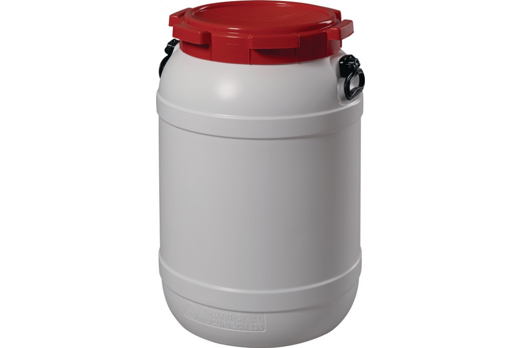 Weithalsfass 68,0l PE weiß m.rotem Deckel m.2Tragegriffen Einfüllöffnung D.282mm Weithalsfass 68,0l PE weiß m.rotem Deckel m.2Tragegriffen Einfüllöffnung D.282mm