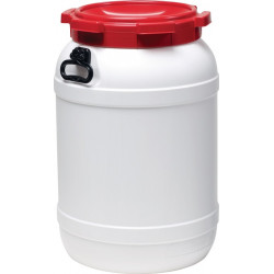 Weithalsfass 68,0l PE weiß m.rotem Deckel m.2Tragegriffen Einfüllöffnung D.282mm Weithalsfass 68,0l PE weiß m.rotem Deckel m.2Tragegriffen Einfüllöffnung D.282mm