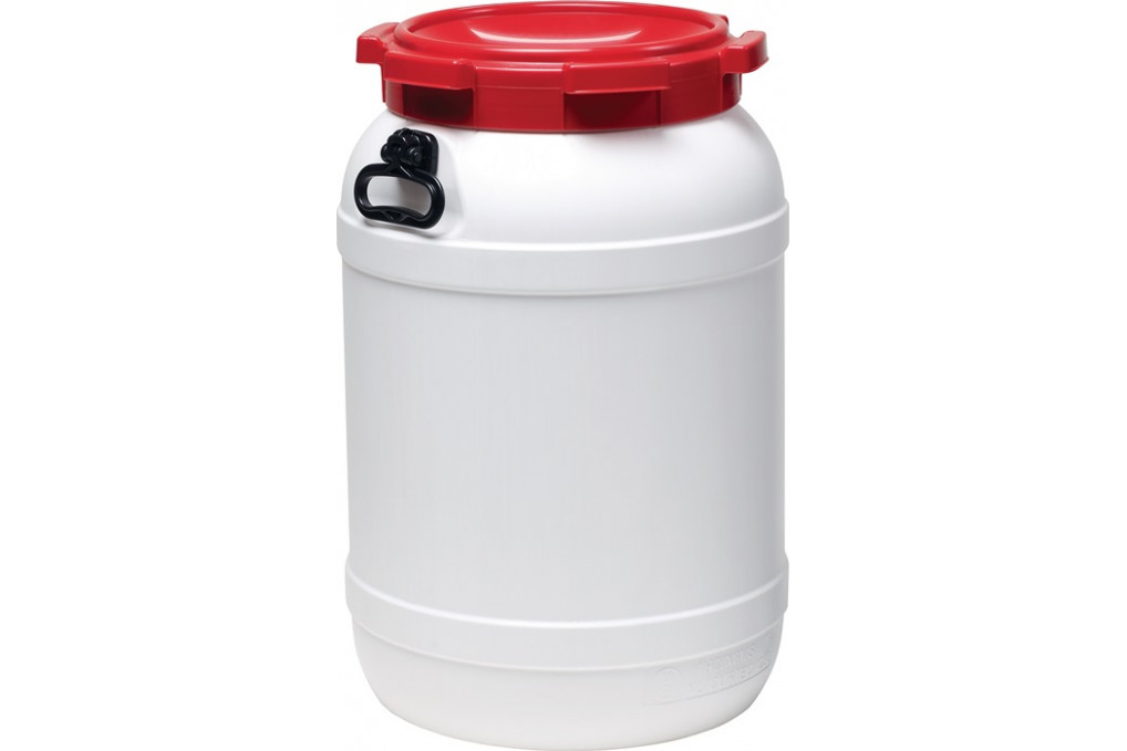 Weithalsfass 68,0l PE weiß m.rotem Deckel m.2Tragegriffen Einfüllöffnung D.282mm Weithalsfass 68,0l PE weiß m.rotem Deckel m.2Tragegriffen Einfüllöffnung D.282mm