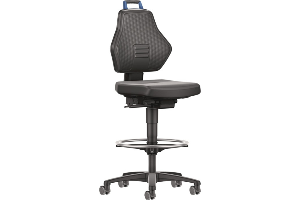 Arbeitsdrehstuhl Rl. Fußring Kunstleder schwarz Grifffarbe blau 580 860mm TW