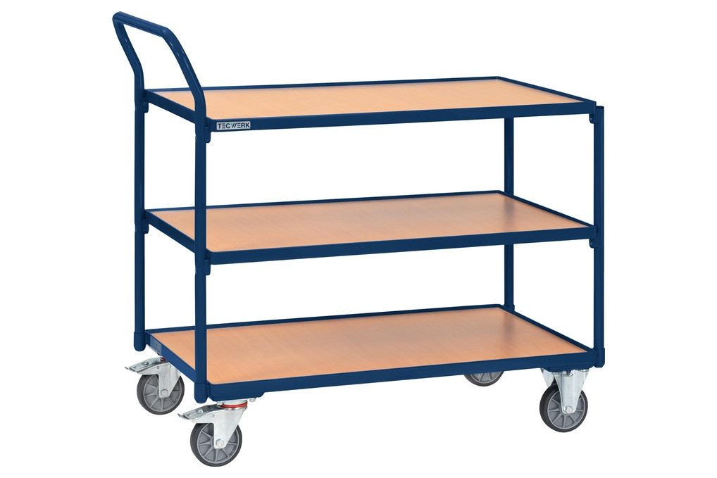 Tischwagen 3 Ladeflächen L850xB500mm saphirblau Trgf.300kg Bügel senkr.TECWERK