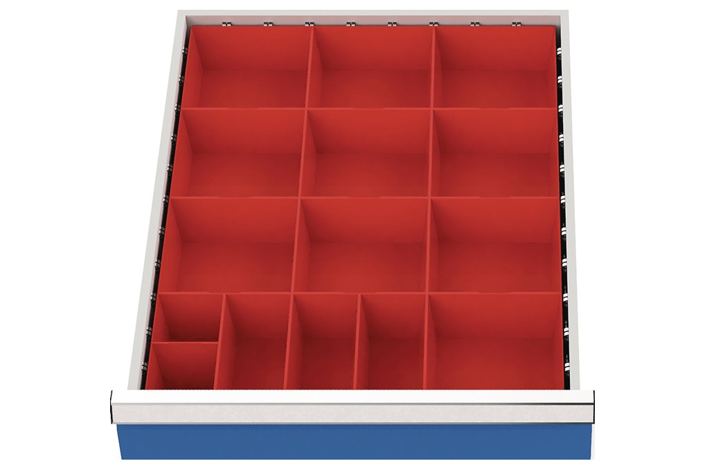 Schubladenunterteilungsmaterial Front H.75 100mm 15 Kleinteilekästen