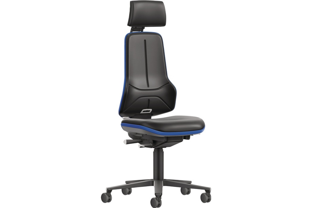 Arbeitsdrehstuhl Rl.m.Kopfstütze Kunstlederpolster schwarz blau 470 640mm BIMOS