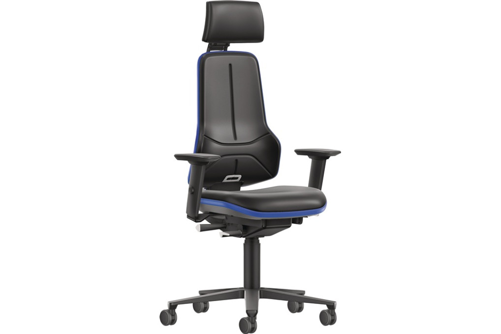 Arbeitsdrehstuhl Rl.m.Kopfstütze Kunstlederpolster schwarz blau 470 640mm BIMOS