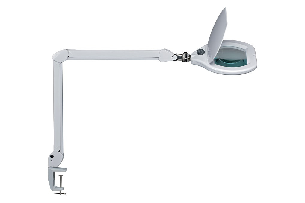 LED Lupenleuchte Glaslinse 178x132 Klemmfuß weiß Schutzklappe