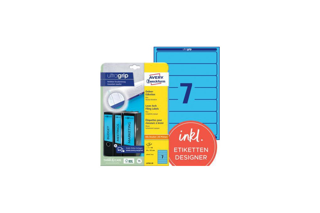 Avery Zweckform Ordneretikett L4763 20 38x192mm bl 140 St. Pack.