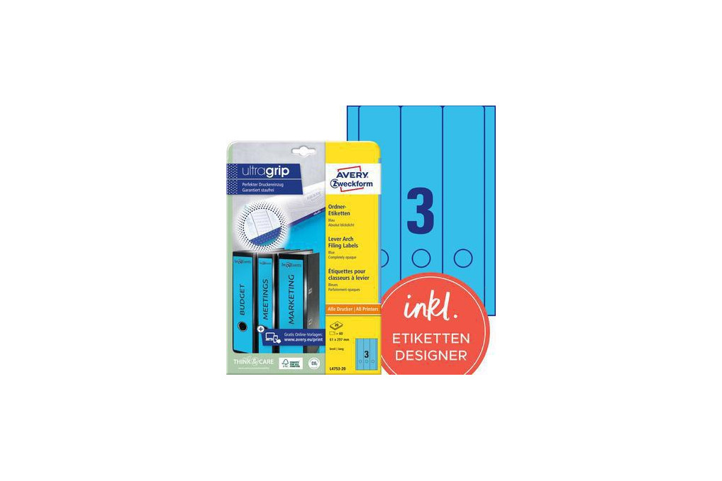 Avery Zweckform Ordneretikett L4753 20 lang breit bl 60 St. Pack.
