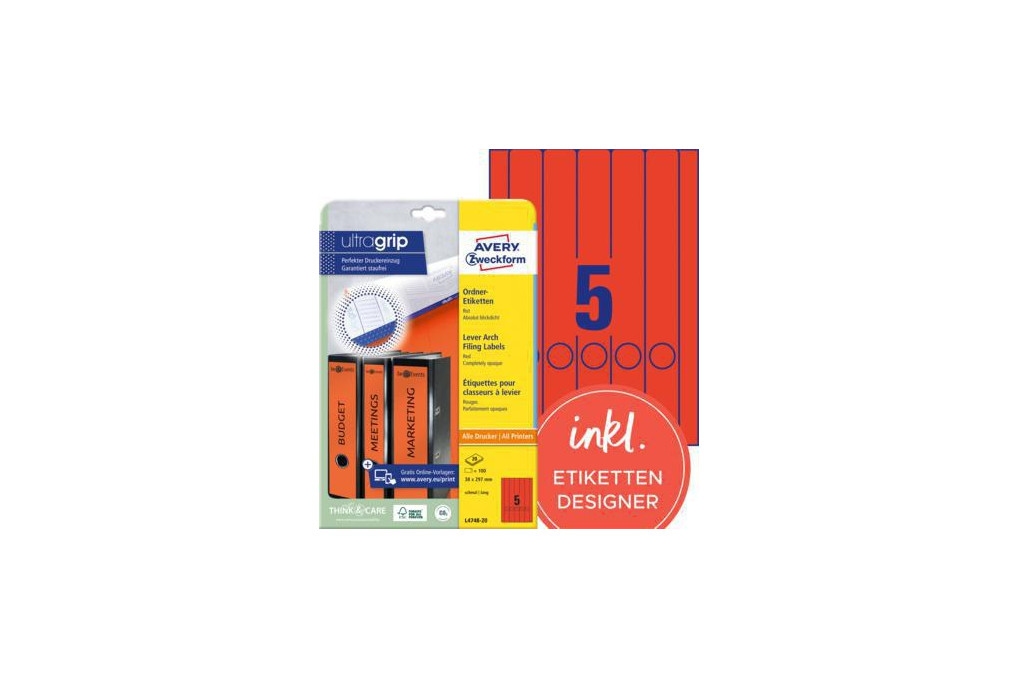 Avery Zweckform Ordneretikett L4748 20 38x297mm rt 100 St. Pack.