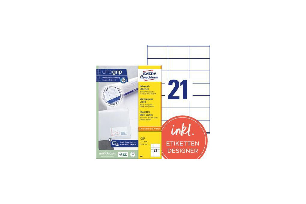 Avery Zweckform Universaletikett 3481 70x41mm weiß 2.100 St. Pack. Avery Zweckform Universaletikett 3481 70x41mm weiß 2.100 St. Pack.