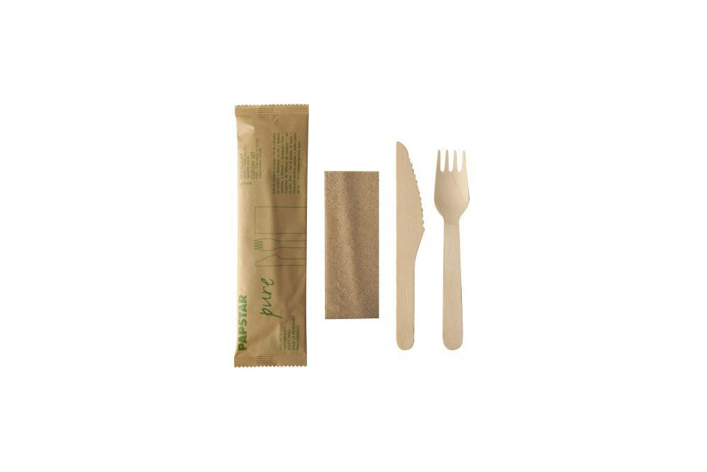 PAPSTAR Besteckset pure 88229 Holz Papierbeutel 50 St. Pack.