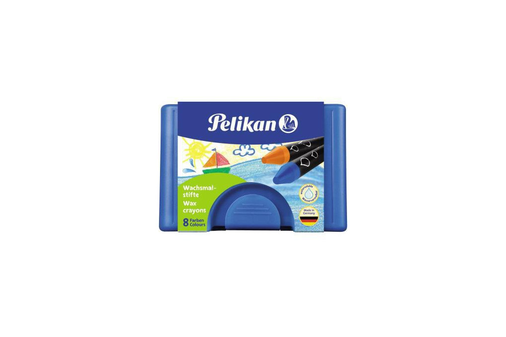 Pelikan Wachsmalstifte im Etui blau 8farbig mit runder Spitze Schaber Pelikan Wachsmalstifte im Etui blau 8farbig mit runder Spitze Schaber