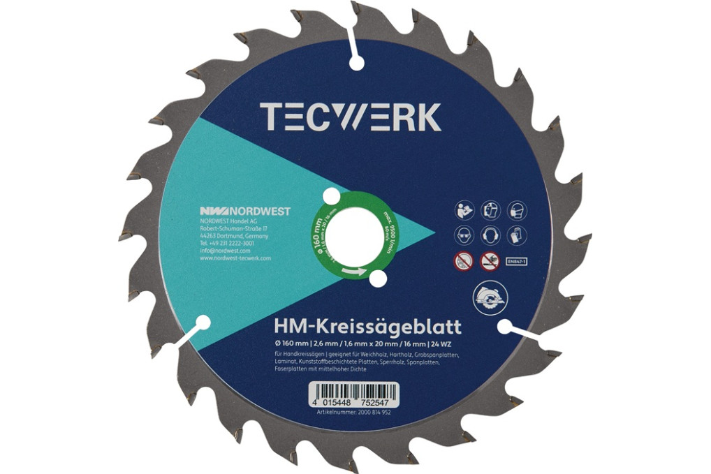 Handkreissägeblatt AD 190mm Z.16 WZ Schnitt B.2mm TECWERK Handkreissägeblatt AD 190mm Z.16 WZ Schnitt B.2mm TECWERK