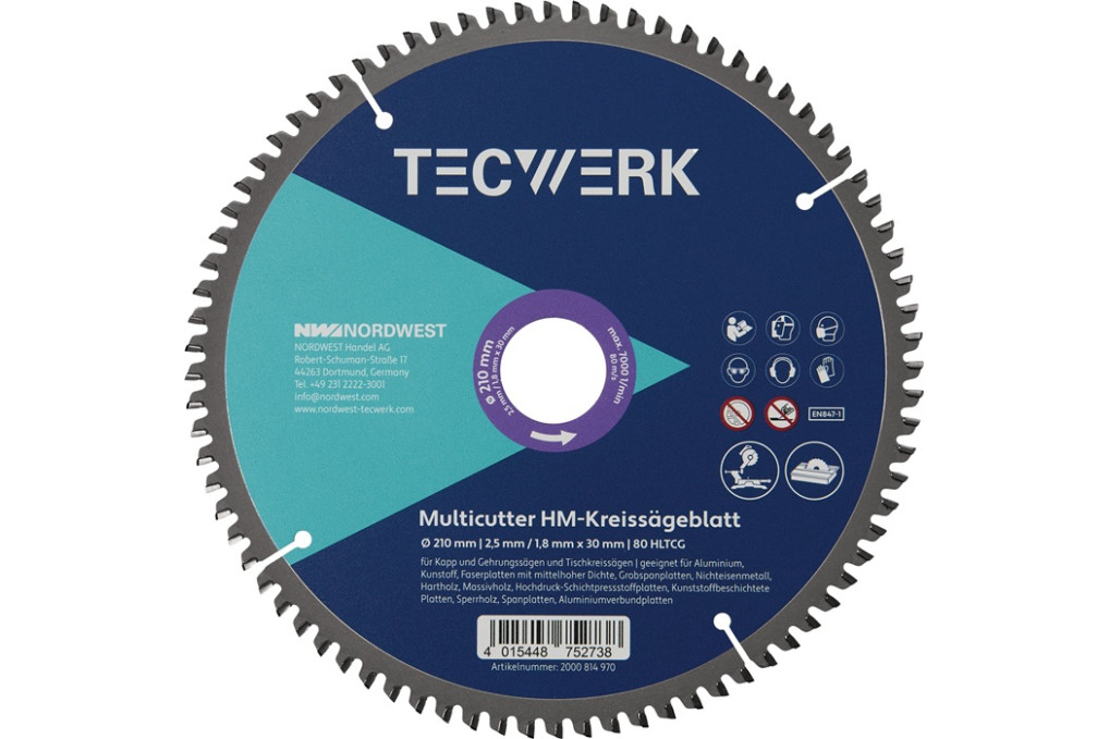 Tisch  Kappkreissägeblatt AD 250mm Z.80 HLTCG Schnitt B.3,2mm TECWERK