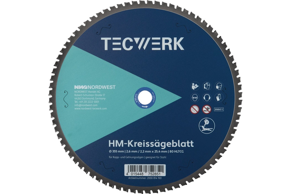 Handkreissägeblatt AD 355mm Z.80 HLTCG Schnitt B.2.6mm TECWERK Handkreissägeblatt AD 355mm Z.80 HLTCG Schnitt B.2.6mm TECWERK