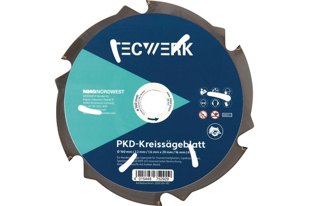 Handkreissägeblatt AD 190mm Z.6 PKD Schnitt B.2,2mm TECWERK Handkreissägeblatt AD 190mm Z.6 PKD Schnitt B.2,2mm TECWERK